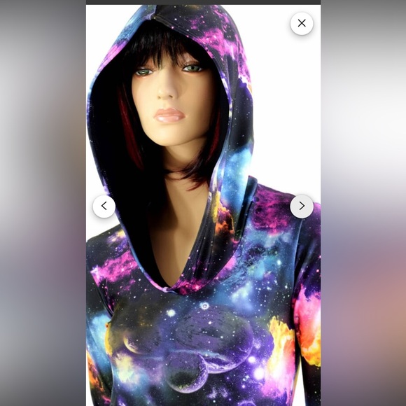 UV Glow Galaxy Print Hoodie Romper with Alien Printed Rave/Festival Fan - Picture 7 of 8